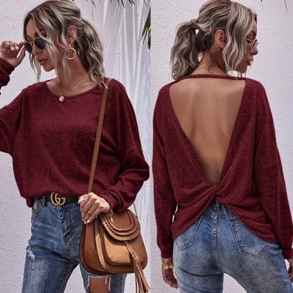 Bellanblue Tops - Red Open back twist detail long sleeve top